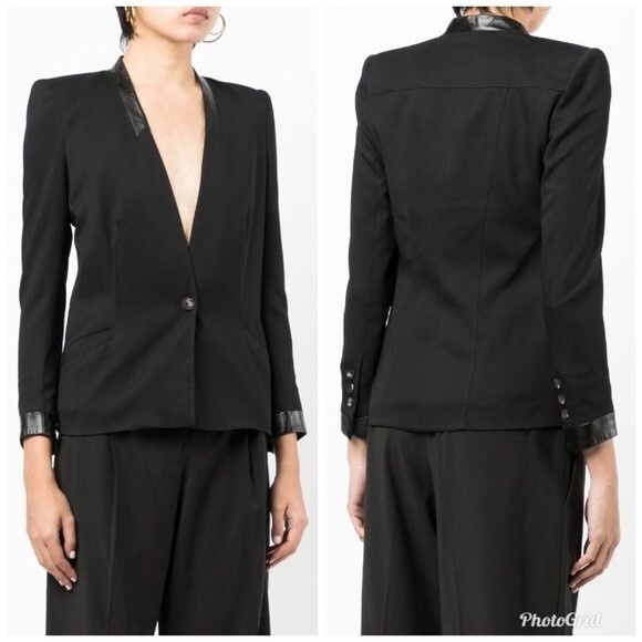 Helmut Lang Silk Blend Leather Trim Lapelless Black Blazer Jacket 0 Collarless - Picture 1 of 10